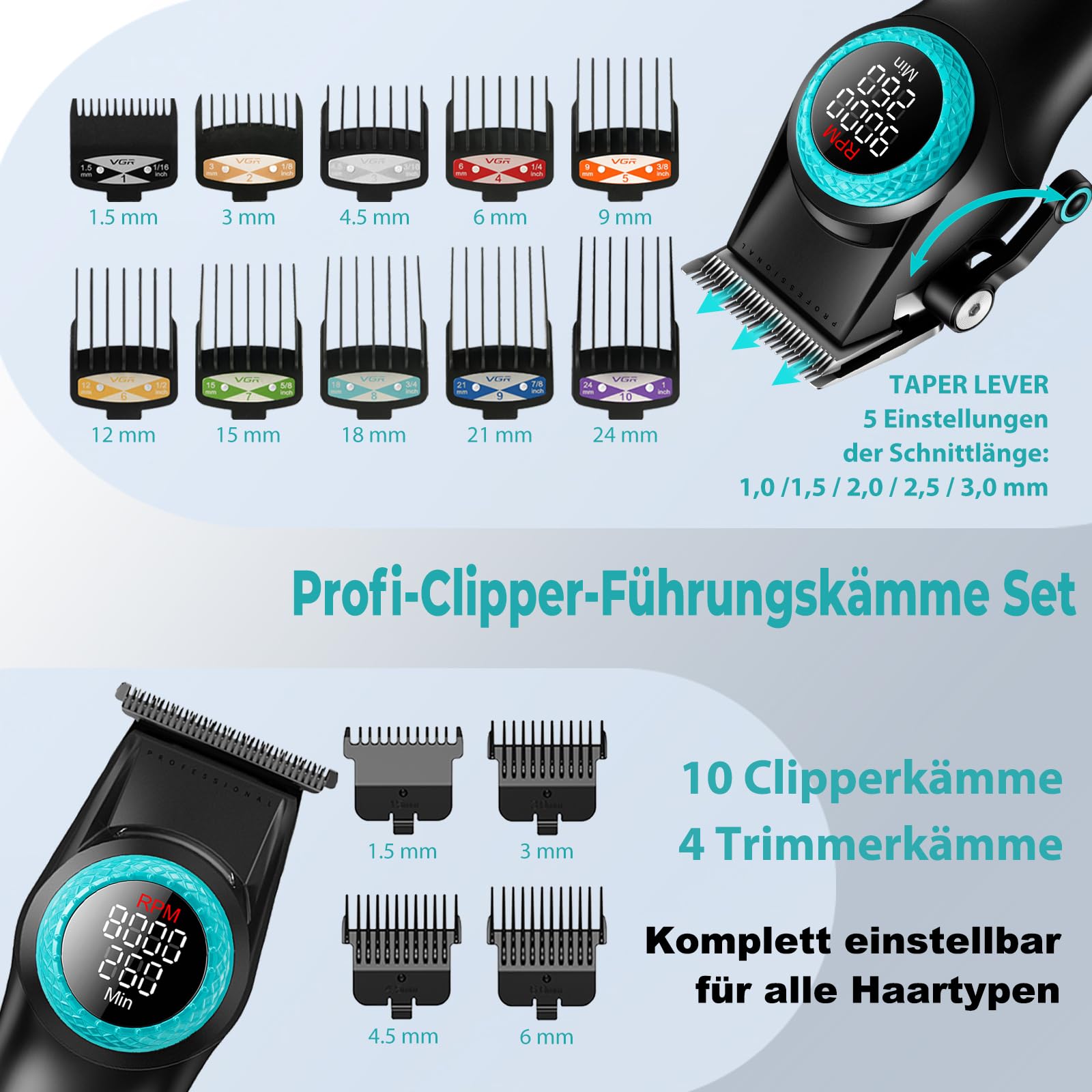 VGR 001 & 977 Profi Haarschneider für Herren Mit DLC-Beschichteten Klingen | Schnurlose Friseurschermaschine zum Haarschneiden, Karbonstahlklinge Haarschneider für Barbiere, LED-Anzeige