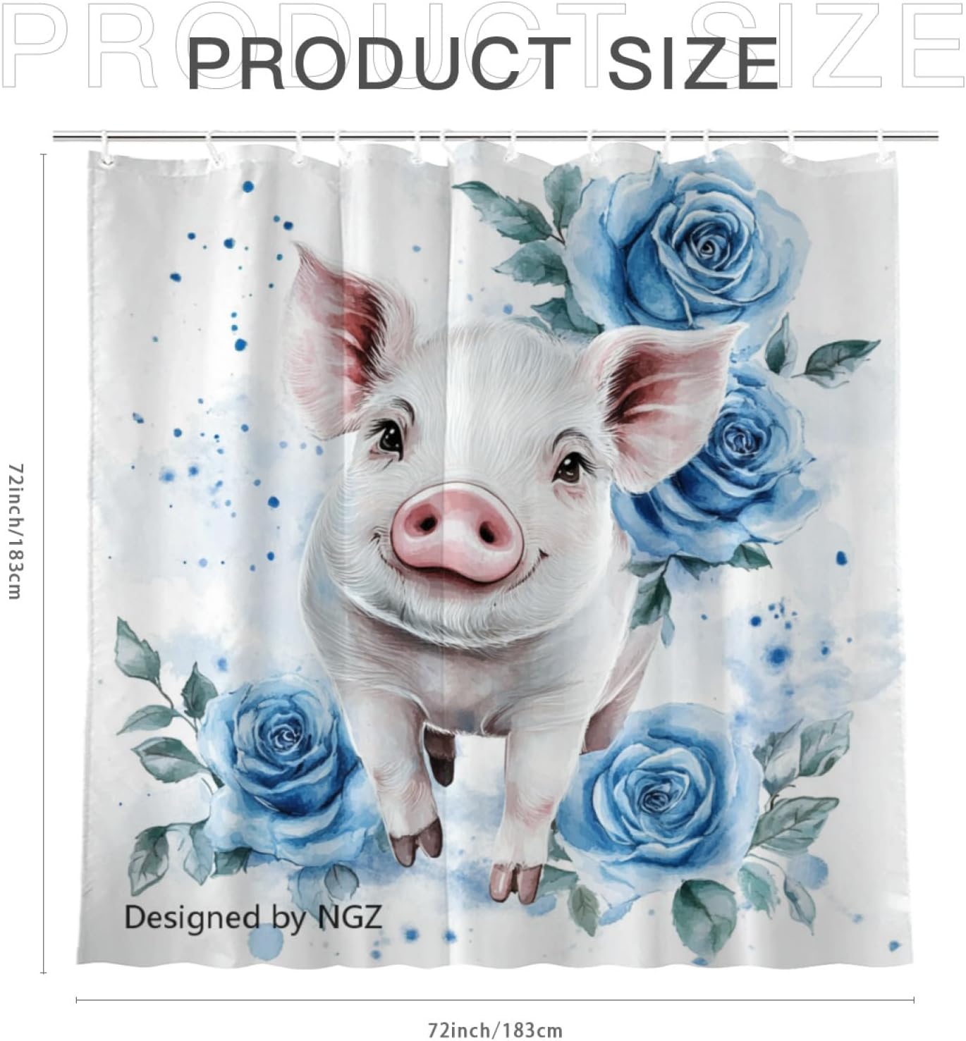 NGZ Valentine Floral Shower Curtain for Decoration, Pig with Blue Rose, 72x72 Inch, Fabric, with 12 Hooks