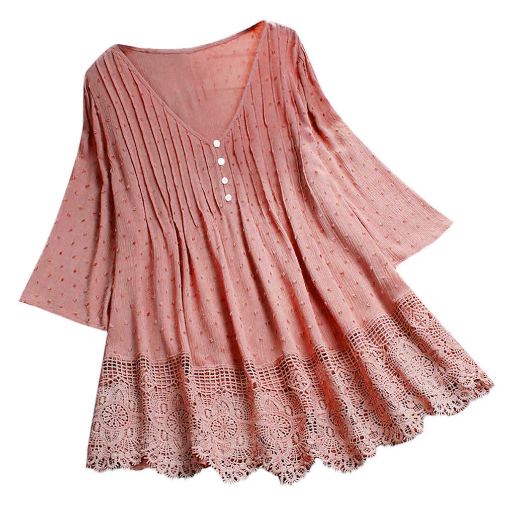 Womens Summer Loose Tops V-Neck Lace Crochet Half Sleeve Shirts Casual Chiffon Blouses Flowy Blouses Shirts(Pink,3X-Large)