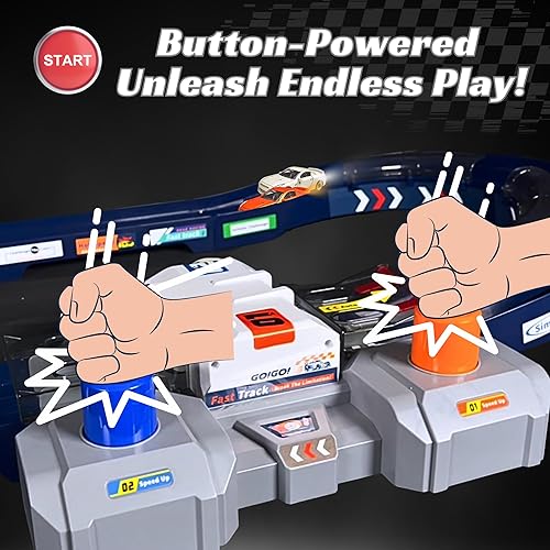 Miniatura 4 de PlenPLAY Juego de pistas de carreras para 2 jugadores, pista accionada por botones de 10 pies con control de velocidad, barreras de esquina y dos