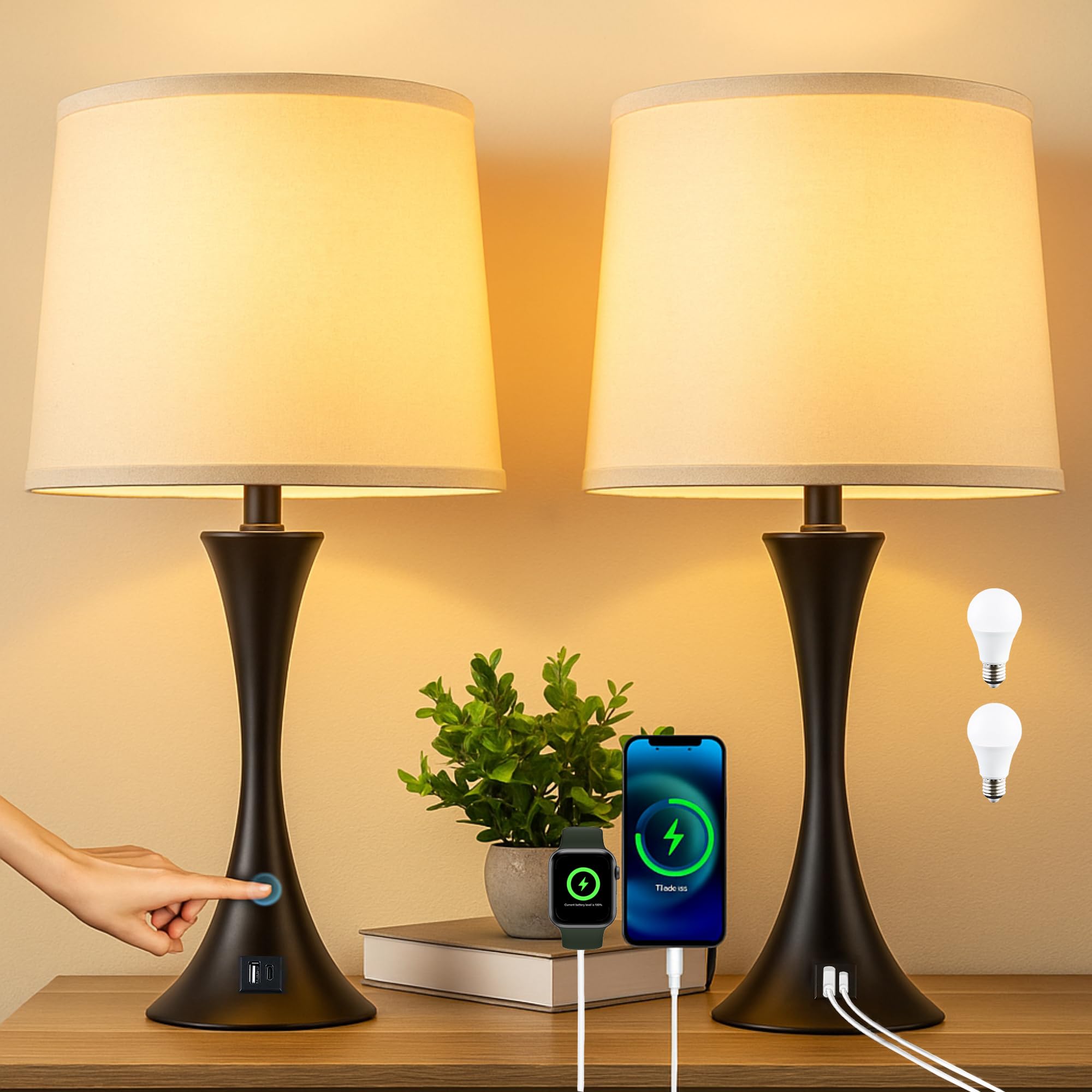LIT-PaTH Touch Table Lamp Set of 2 for Nightstand 3 Way Dimmable Bedside Lamps with USB C A
