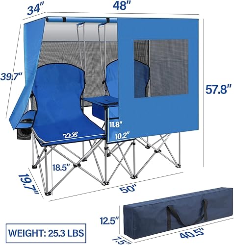 Miniatura 2 de PLKO Silla de camping doble portátil con pantalla de toldo, sillas de playa resistentes para adultos, silla de playa plegable con bolsa enfriadora
