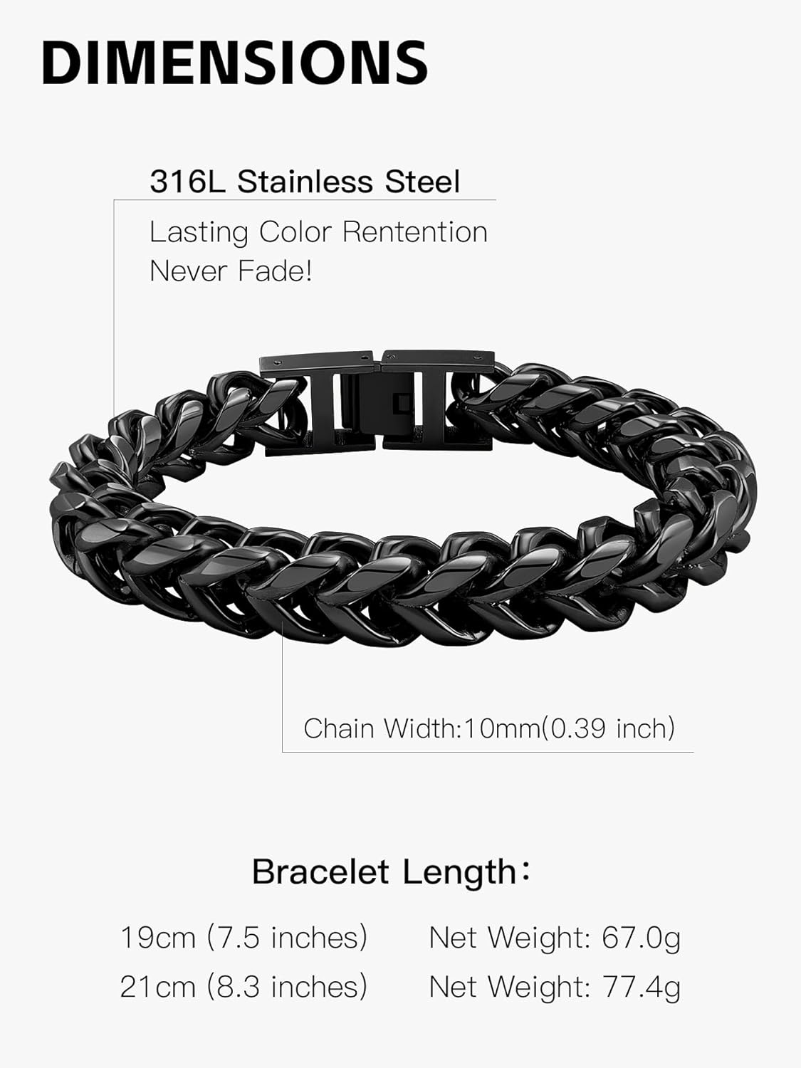 Mens Franco Chain Bracelet - 5MM, 8MM, 10MM Width - Stainless Steel/Black Metal/18K Gold Metal - Fold Over Clasp Jewelry Gift for Men, Dad, Husband - Image 6