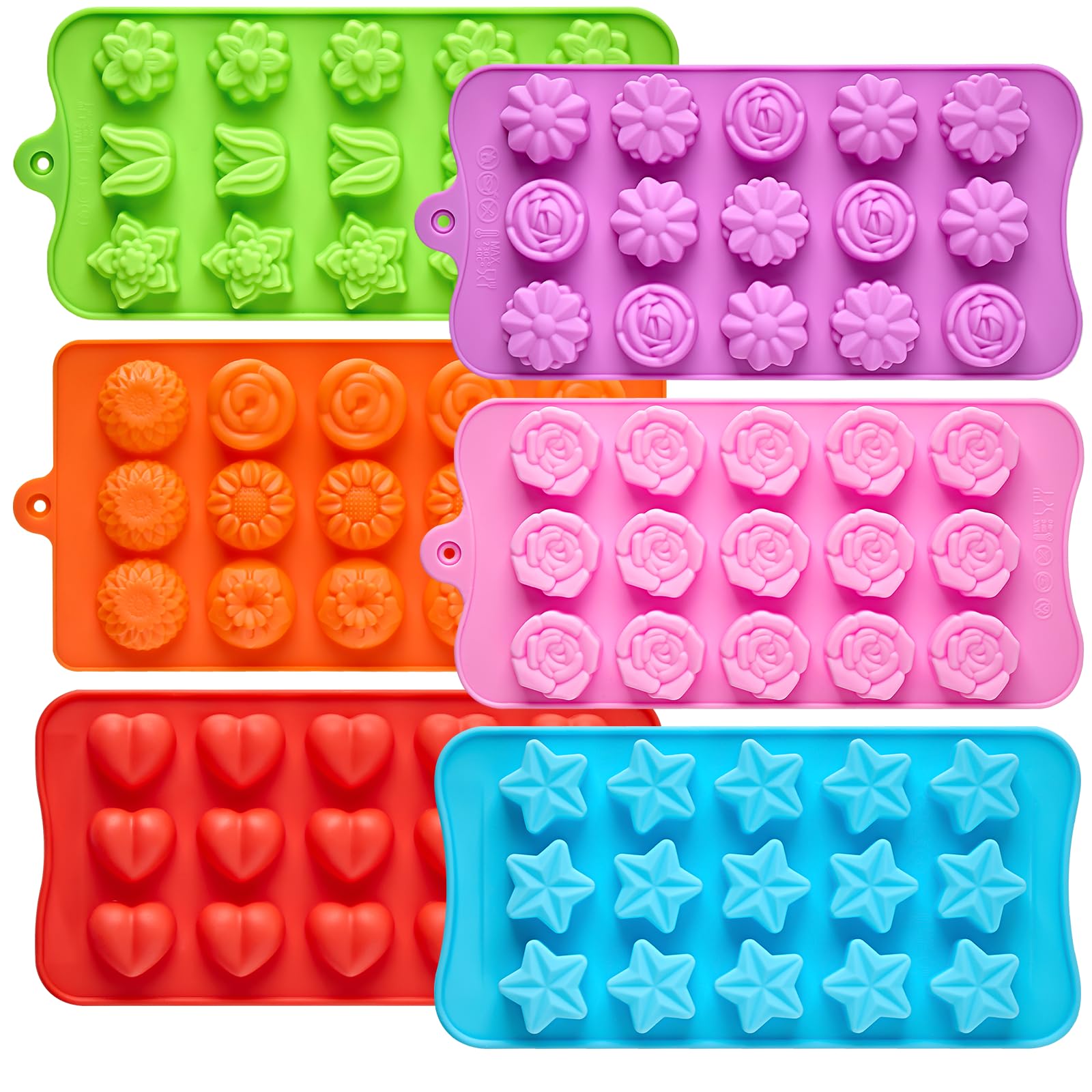 6 Pcs Flower Silicone Chocolate Molds Set, 15-Cavity Rose Heart Star Candy Mold Different Shapes Silicone Molds for Chocolate, Candy, Ice Cube, Butter, Jello
