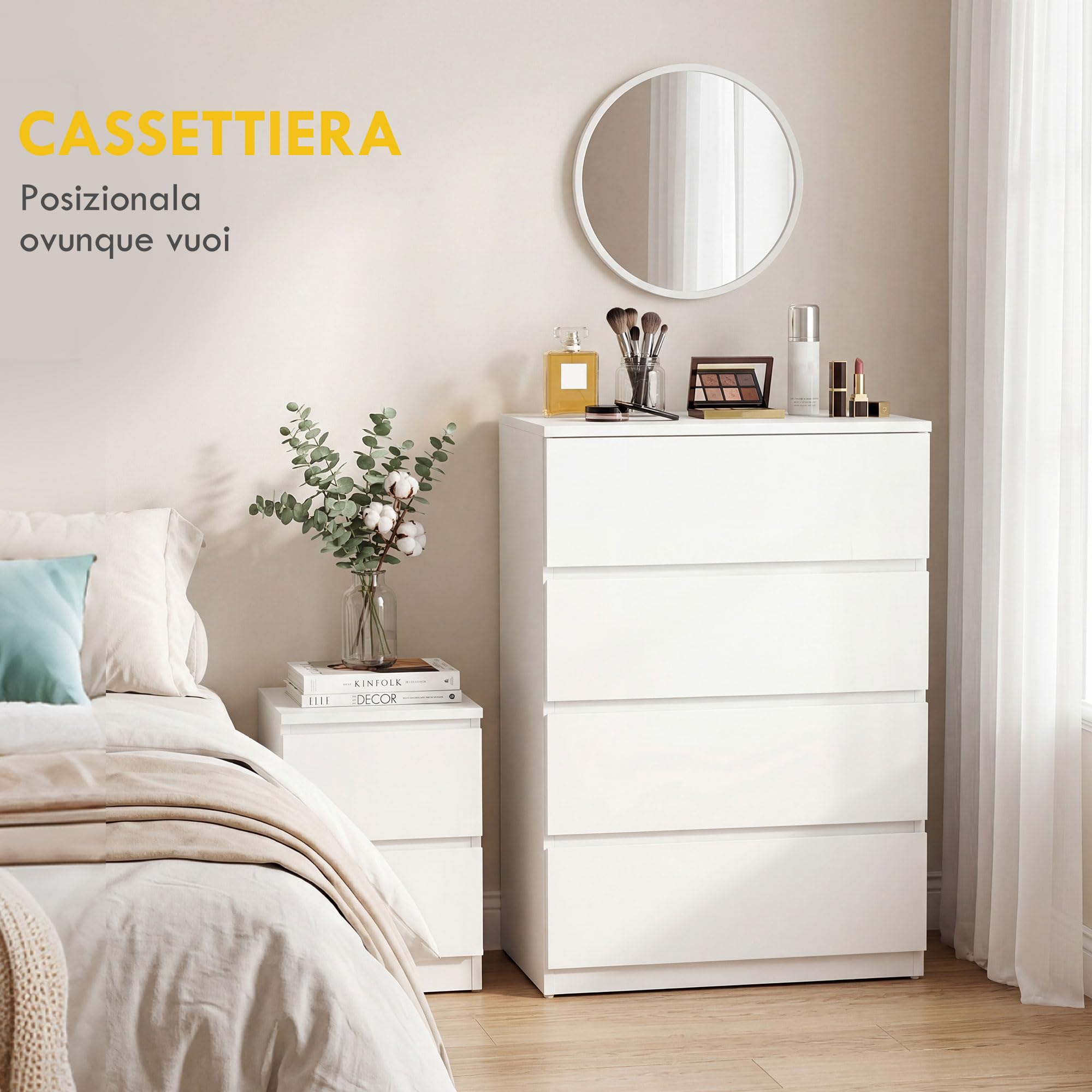 HOMCOM Cassettiera Camera da Letto 4 Cassetti, Comò Camera da Letto in Legno, per Soggiorno, Sala da Pranzo e Corridoio, 60x40x80 cm, Bianco