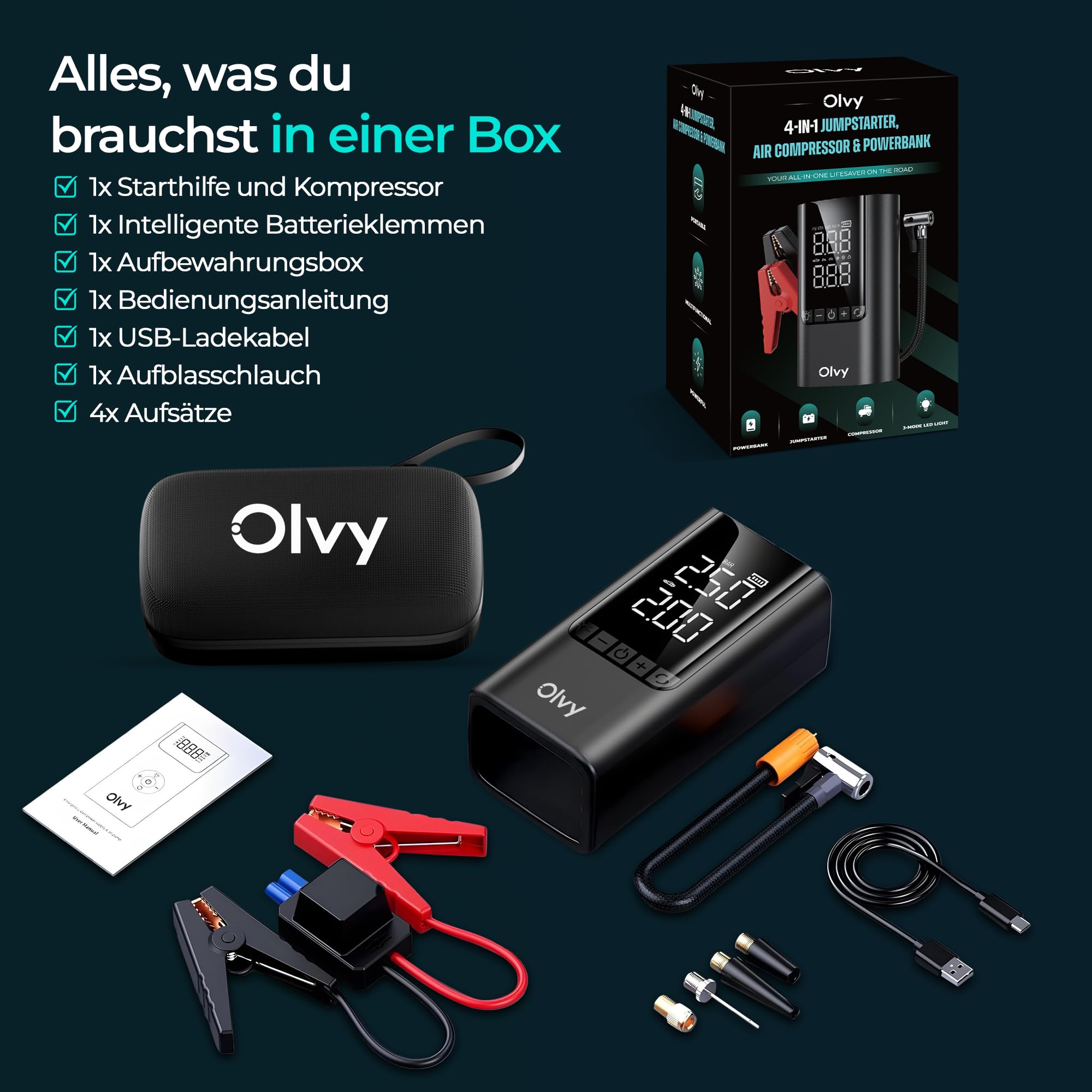 Olvy 4-in-1 Portable Car Jump Starter with Air Compressor, 1500A Peak, 12000mAh Power Bank, Smart Protection, LED Light, Digital Display, Compact Jump Starter for 12V Petrol & Diesel Vehicles