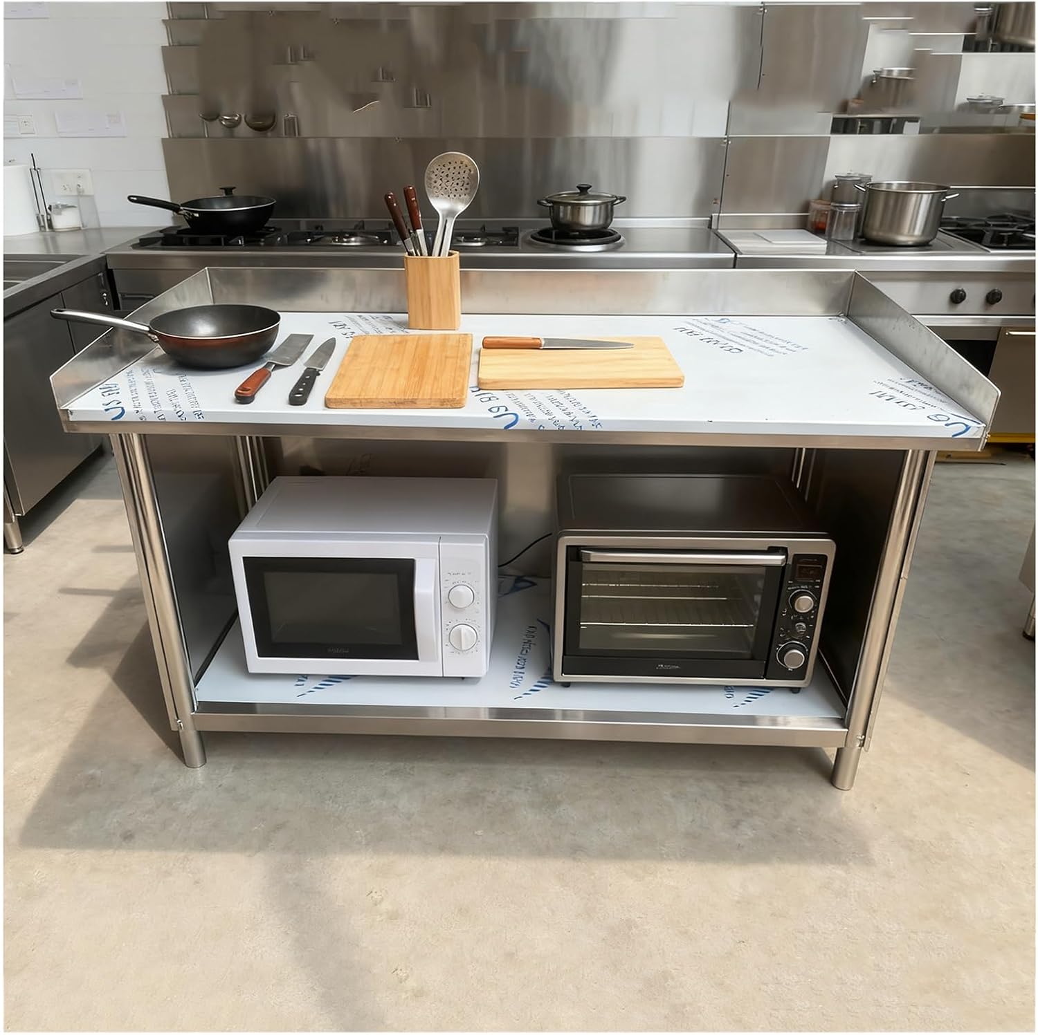 2-Tier Stainless Steel Workbench with Edging Semi-Enclosed Kitchen Work Table Adjustable Legs Ample Storage Space Thickened Shelves Tight Connections Commercial Cabinet