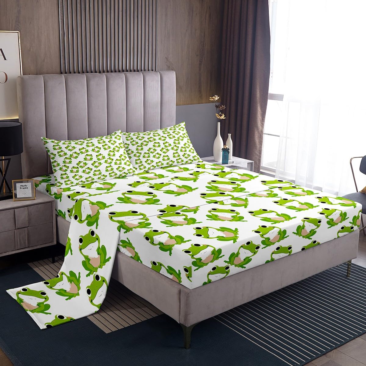 Kids Frog Sheet Set Cute Green Frogs Bed Sheets for Boys Girls Children Wild Animal Decor Bed Sheet Set Kawaii Pattern Bedding Set Bedroom Bed Set with Deep Pocket Fitted Sheet 4Pcs Queen Size