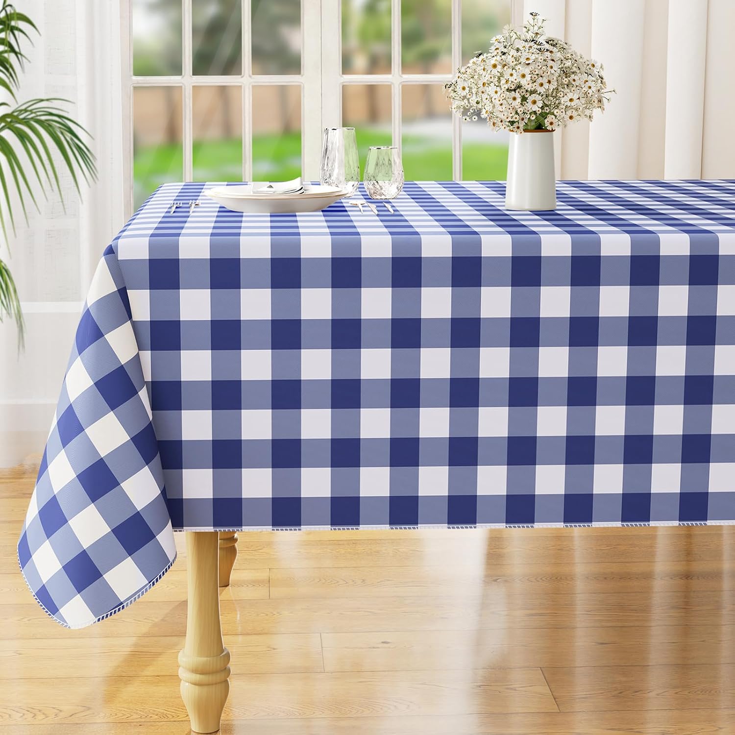 Rectangle Waterproof Vinyl Table Cloth, Buffalo Flannel Backed Tablecloth, Wipeable Plastic Table Cover for Dinner, Kitchen, Outdoor (60" x 84", White and Navy)