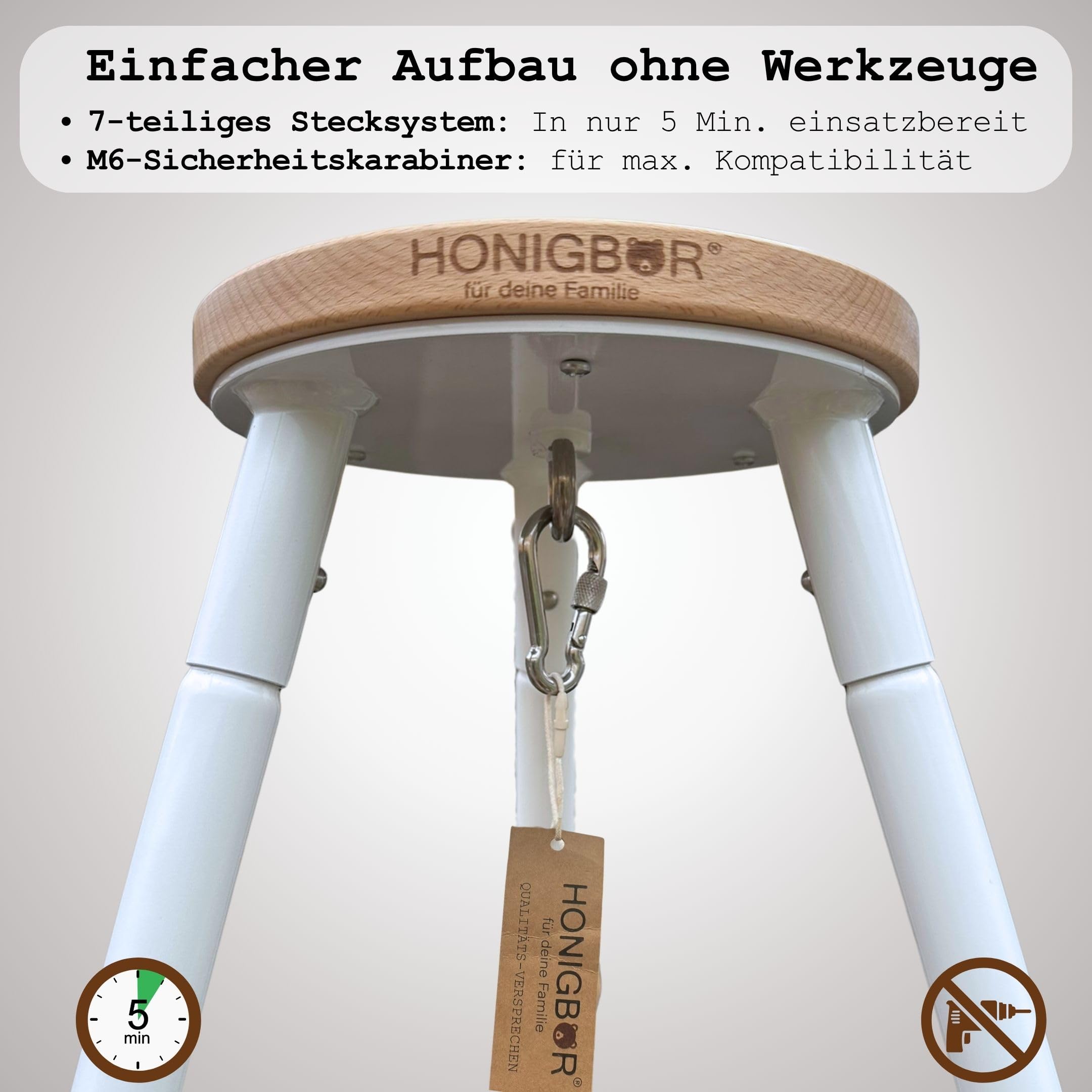 Honigbär Armature pour berceaux à ressorts, berceaux suspendus, hamacs pour bébé et transat | Pied | Testé TÜV | Acier inoxydable revêtu par pulvérisation – Blanc mat/chêne massif | Jusqu'à 40 kg