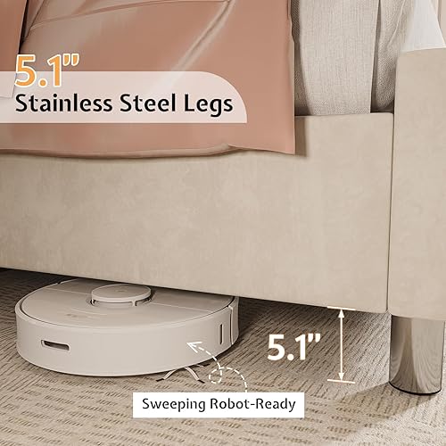 Miniatura 7 de Jocisland Marco de cama tamaño King tapizado de terciopelo plataforma de perfil bajo cabecera con alas elevadas soporte de listones de madera no