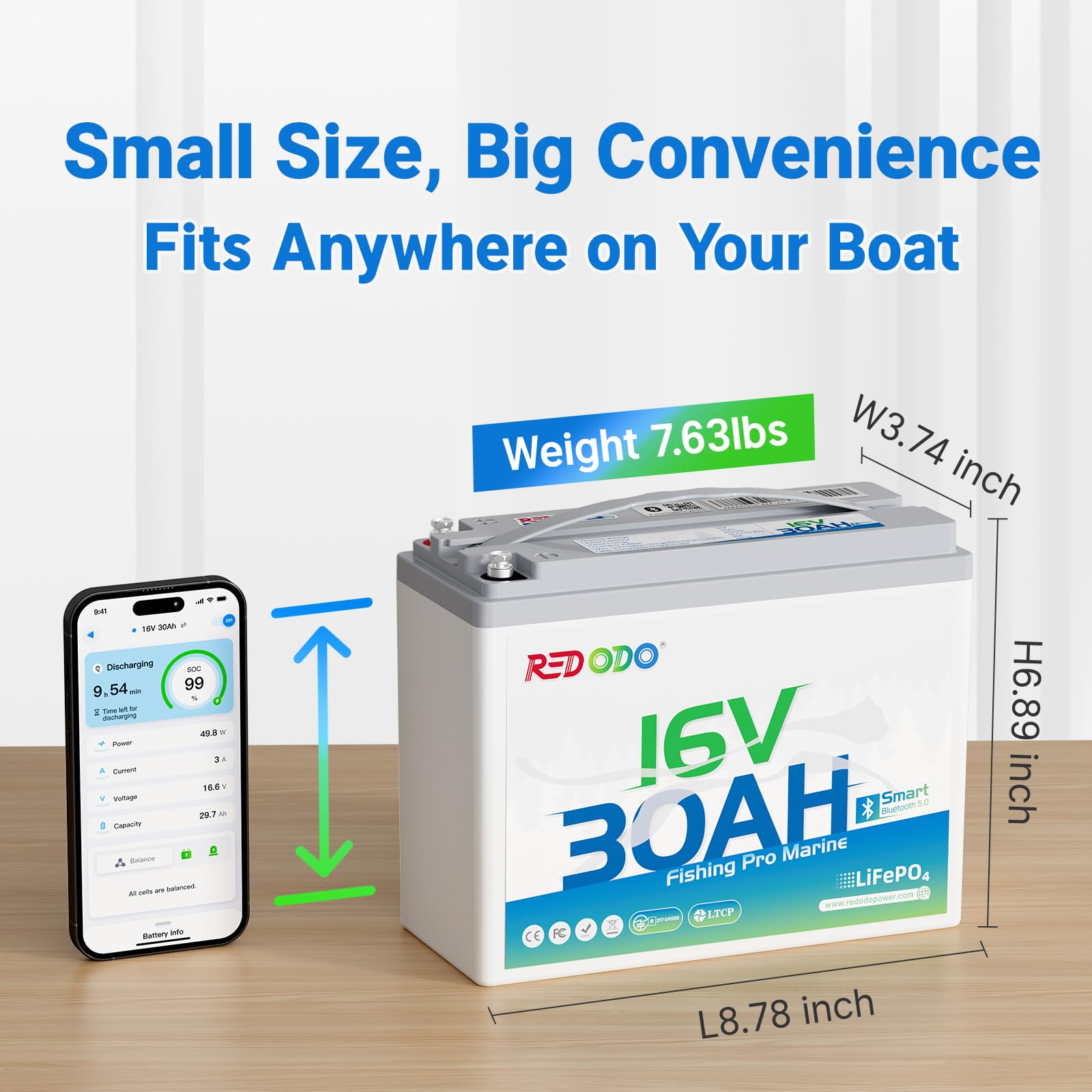 Redodo 16V 30Ah Lithium Marine Battery with Bluetooth, LiFePO4 Battery Built-in BMS, 4000+ Deep Cycle Rechargeable Lithium Battery, Perfect for Marine Devices such as Sonar, Radar, GPS, Fish Finder