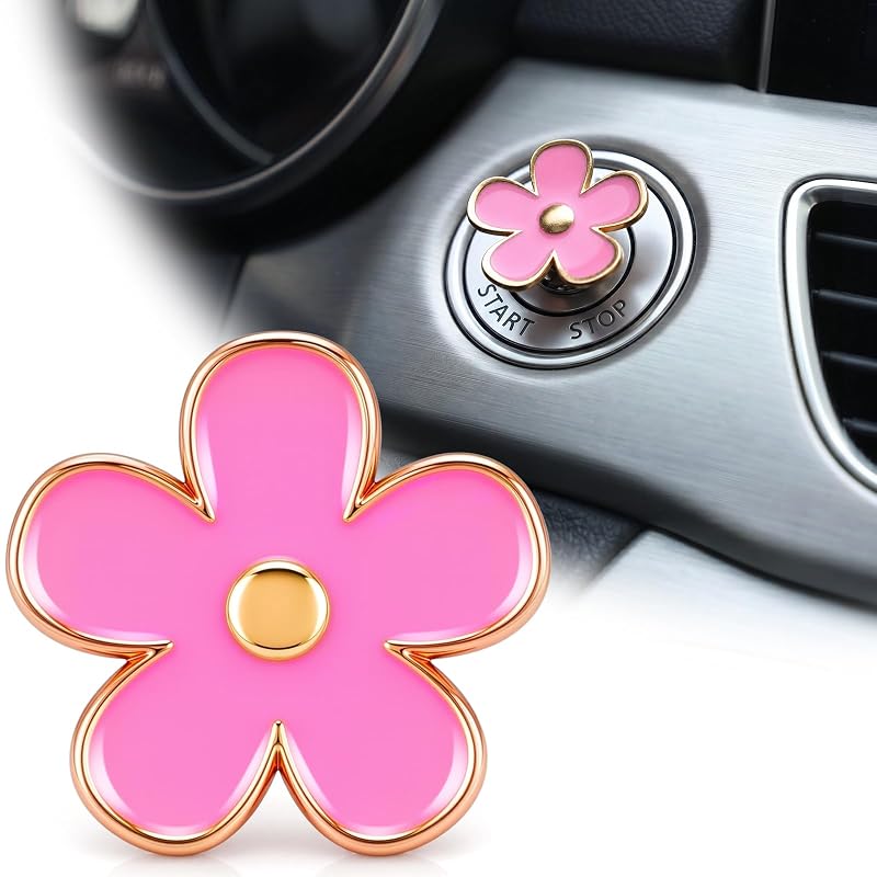 Capa decorativa para botão de partida BBTO com margarida rosa em liga de zinco – 1 unidade