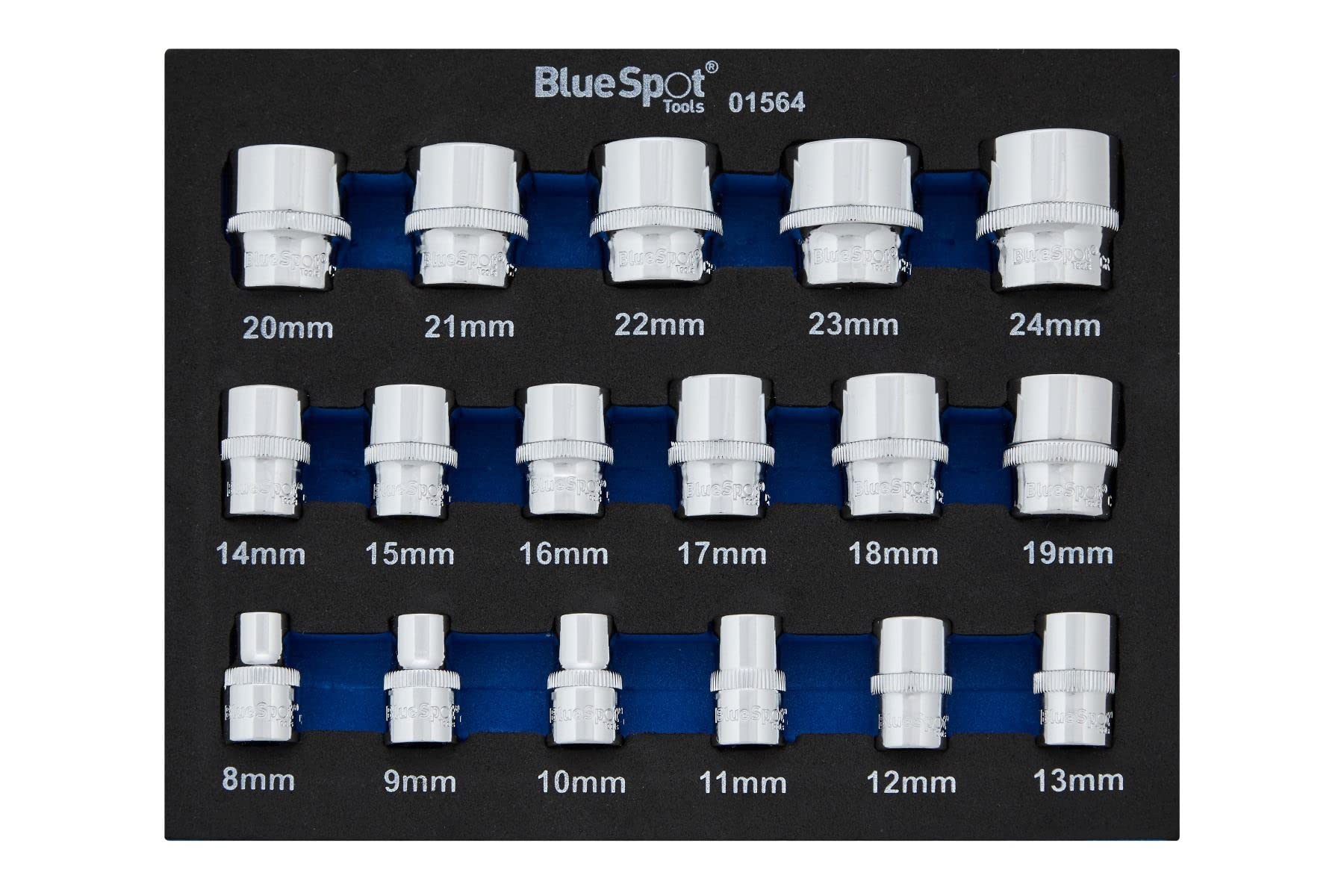 Bluespot 17pc 3/8"" Metric Shallow Sockets 8-24mm In Eva Foam Set 12 Point