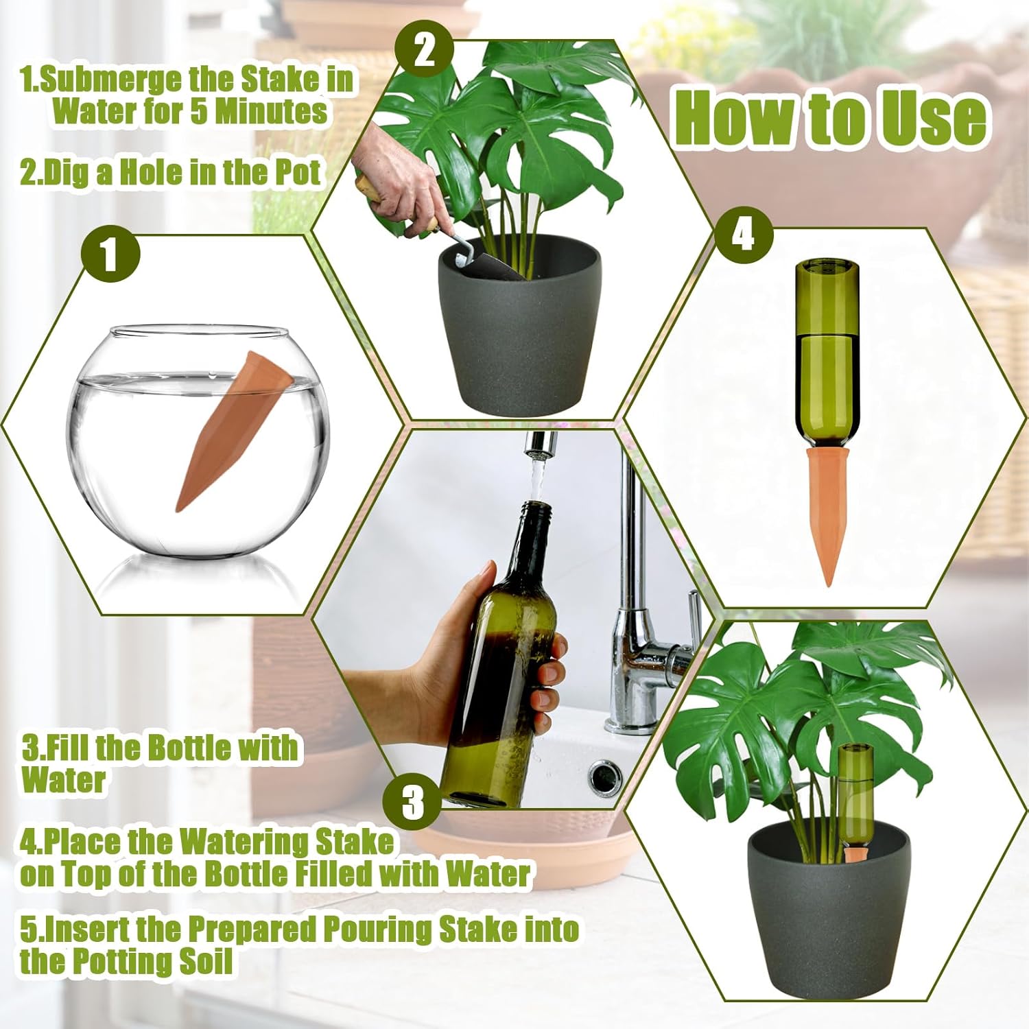 TINSKY 6 Sets Plant Watering Devices Terracotta Self Watering Spikes and 26 Oz Plastic Green Bottles Slow Release Vacation Plant Waterer Automatic Planter Insert for Indoor Outdoor Plants