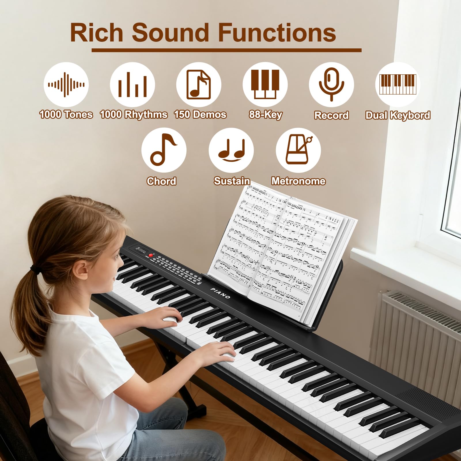 Buinblu Electronic 88 Key Piano Keyboard,Bluetooth Foldable Full Size Semi-Weighted Digital Pianos with Power Adapter,Pedal,Sheet Music Stand,Sticker,Bag,Gift for Beginners,Black