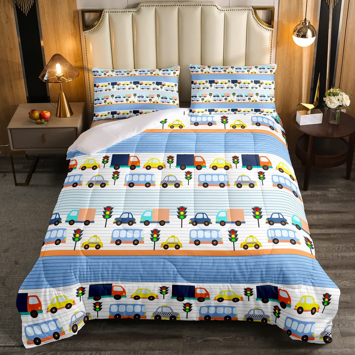 Loussiesd Kids Cars Bedding Set Cartoon Taxi Bus Truck Vehicles Down Alternative for All Season Toddler Urban Traffic Lights Stripe Cute Vehicles Duvet Insert Single Size