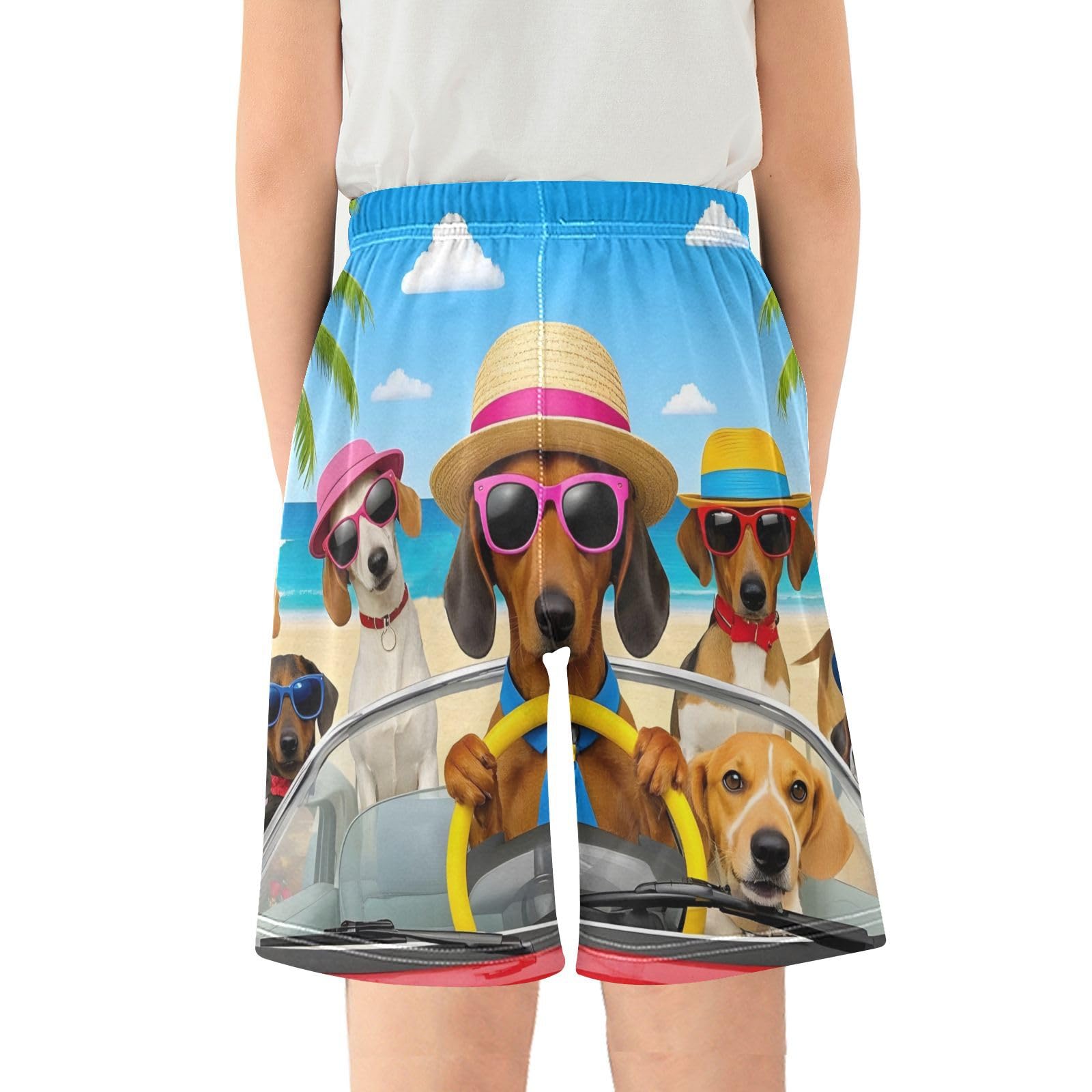 ALAZA Funny Dachshund Driving A Car Boys Athletic Shorts Kids with Pockets Shorts for boy Girl Size 6-8 Years Multicolor