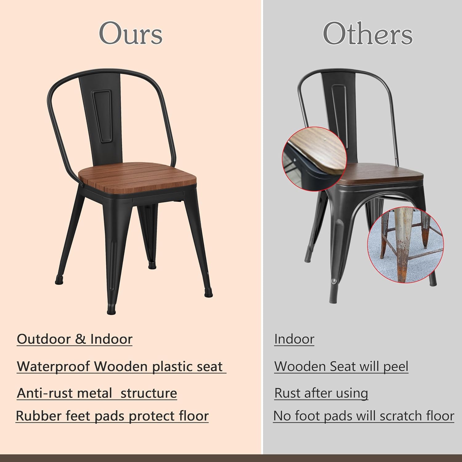 Alunaune 18inch Outdoor Metal Patio Dining Chairs Set of 4 High Back Classic Chic Iron Farmhouse Barstools Industrial Coffee Bar Stools Bistro Cafe Side Chair-Black