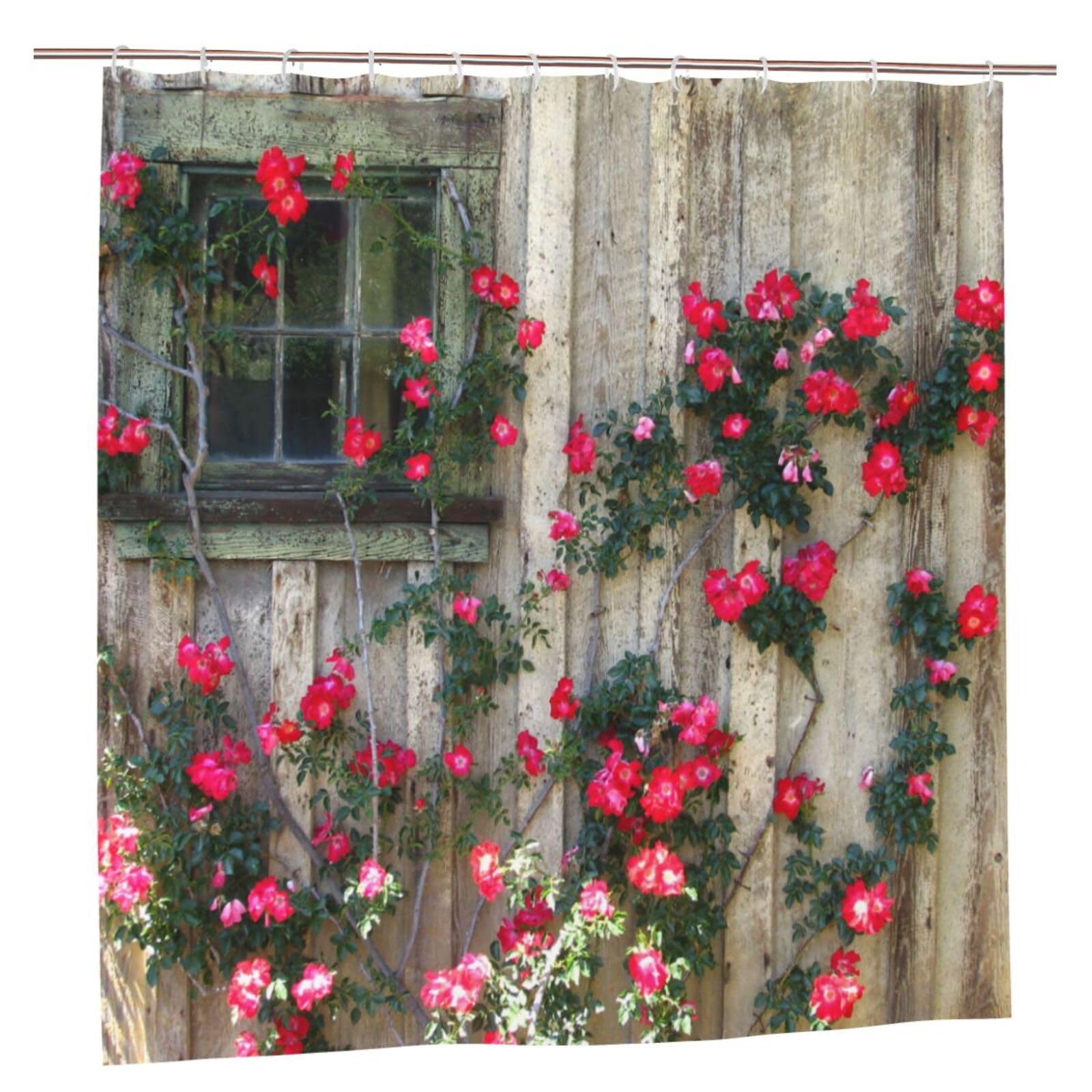 Newhomestyle 3D Garden View Shower Curtain, Outdoor Pink Flowers Wooden Scene Garden Decoration