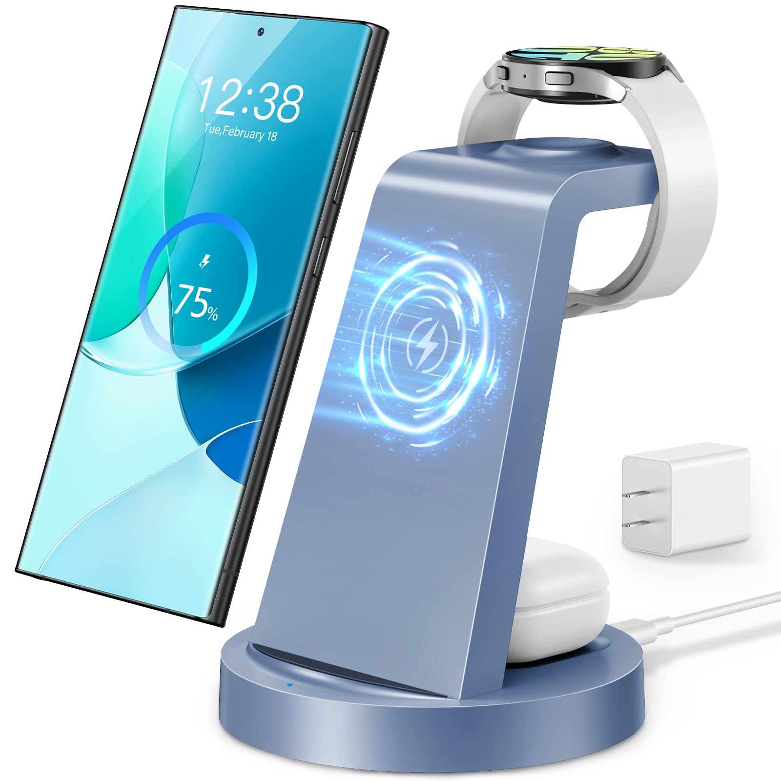 Wireless Charger for Samsung: 3 in 1 Wireless Charging Station for Samsung Galaxy Watch 7 6 5 4 3 Pro Classic Galaxy Buds - Blue