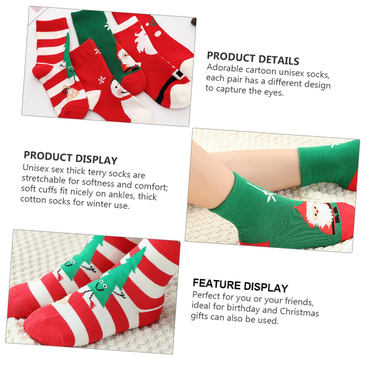 5 Paia Calze di Natale Calde Calze Medie in Cotone Spesse Unisex Adatte per Autunno e Inverno
