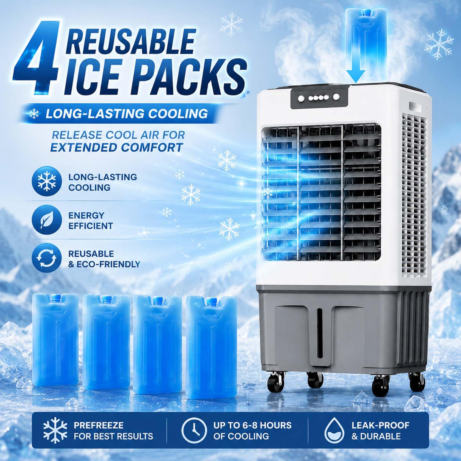 Climatizador Evaporativo Industrial, Sin Tubo con Botones, Ventilador Climatizador para Enfriar, Lamas Oscilantes, 4 Acumuladores de Frío, Temporizador 24 Horas, para Hogar y Oficina