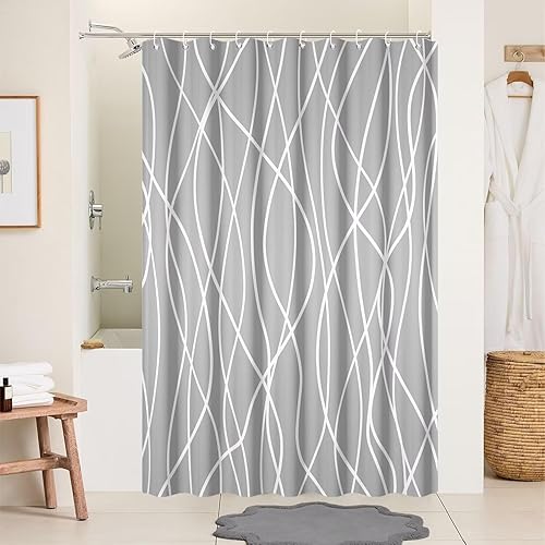 Miniatura 163 de Cortina de ducha pequeña a rayas gris claro degradado para baño, 36 x 72 pulgadas, juego de cortina de ducha geométrica para cabina de RV con Gris