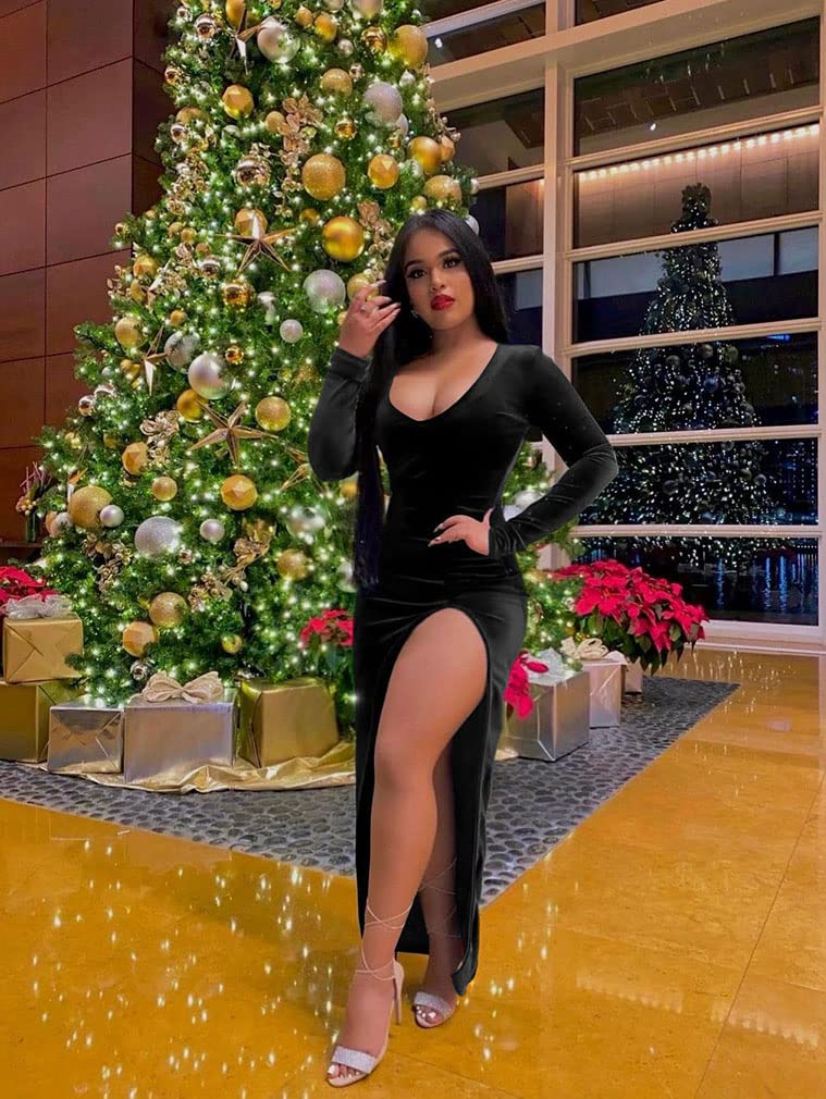 ZileZile Women's Sexy Bodycon Long Sleeve Deep V Neck High Slit Cocktail Party Maxi Dresses