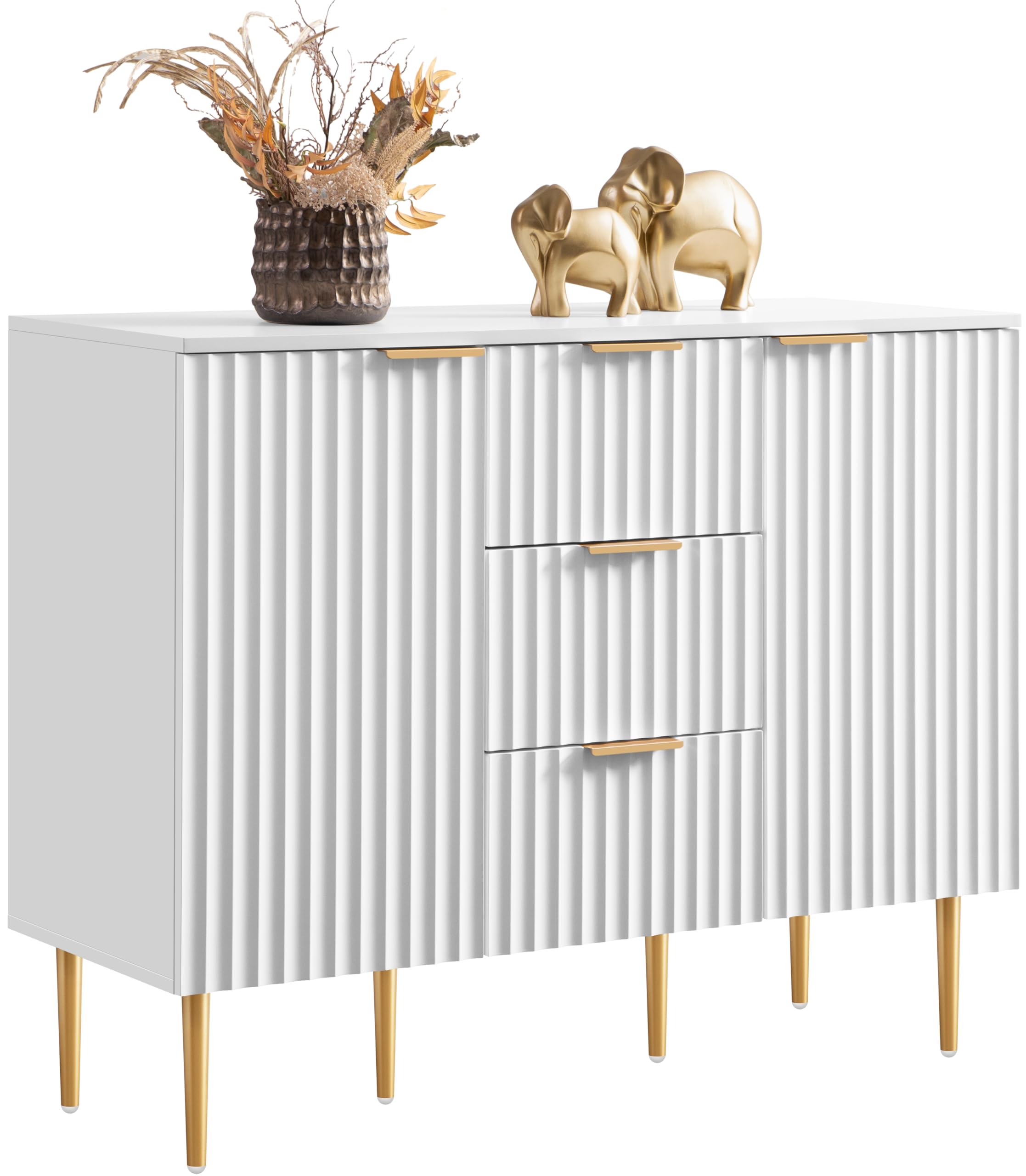 SICOTAS Buffet Sideboard Fluted Storage Cabinet with Doors and Shelves, White Fluted Buffet Sideboard with 3 Drawers, Accent Cabinet Coffee Bar Kitchen Credenza for Living Room (1 Piece)