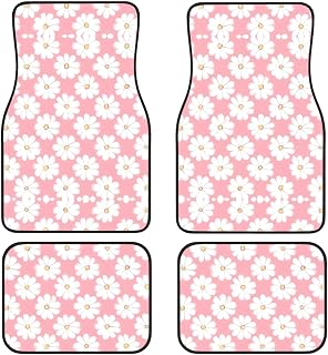 Juego de 4 alfombrillas universales para coche, de goma, color blanco, con textura de crisantemo impreso, juego completo de alfombras de coche, protección para la mayoría de los coches
