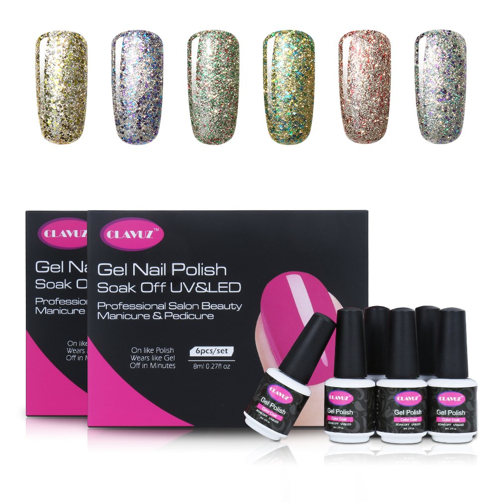 CLAVUZ Gel Nail Polish Set Soak Off Glitter Nail Lacquer Nail Art Manicure 6pcs New Starter Gift Kit 8ml