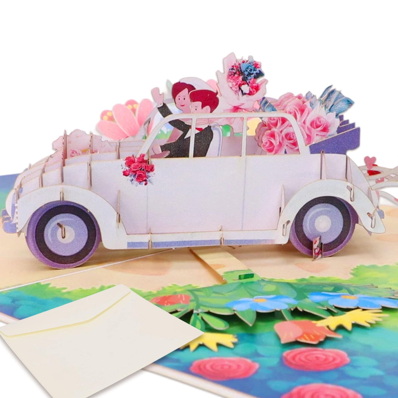 DOINEUFL 3D Pop Up Wedding Card Car, Just Wedding Cards for Bride and Groom Anniversary Card