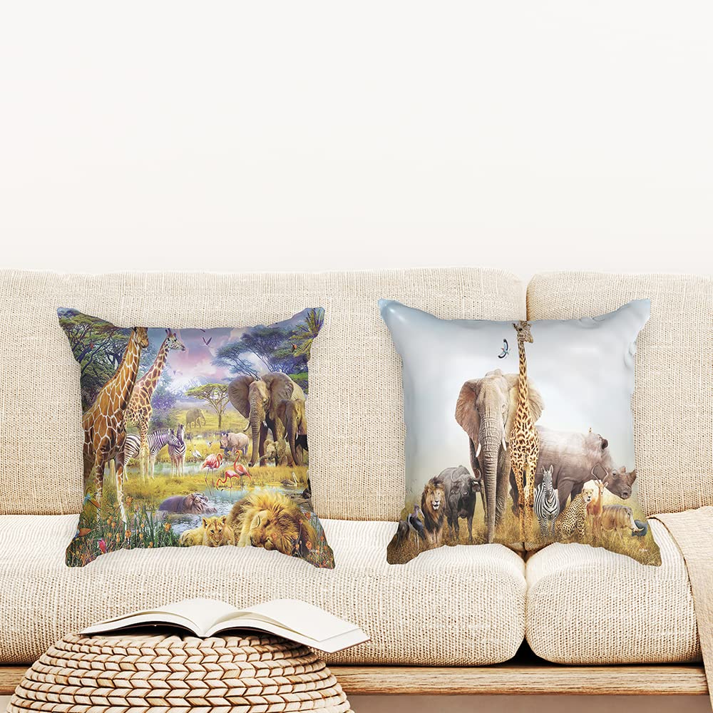 Ulticool, Cushion Cover, Safari Tere Nature Giraffe Elephant, Set of 2 Designs, 45 cm x 45 cm