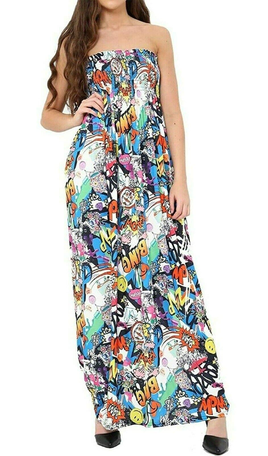 Fairy Trendz Ltd Women's Bang Plain Shirred Bandeau Strapless Ruched Long Boob Tube Jersey Summer Maxi Dress Sheering Maxi Maxy( Uk 8-10)