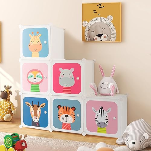 Miniatura 71 de HONEY JOY Armario para niños, organizador de almacenamiento de ropa de dibujos animados para bebés, 8 cubos y 2 secciones para colgar, armario