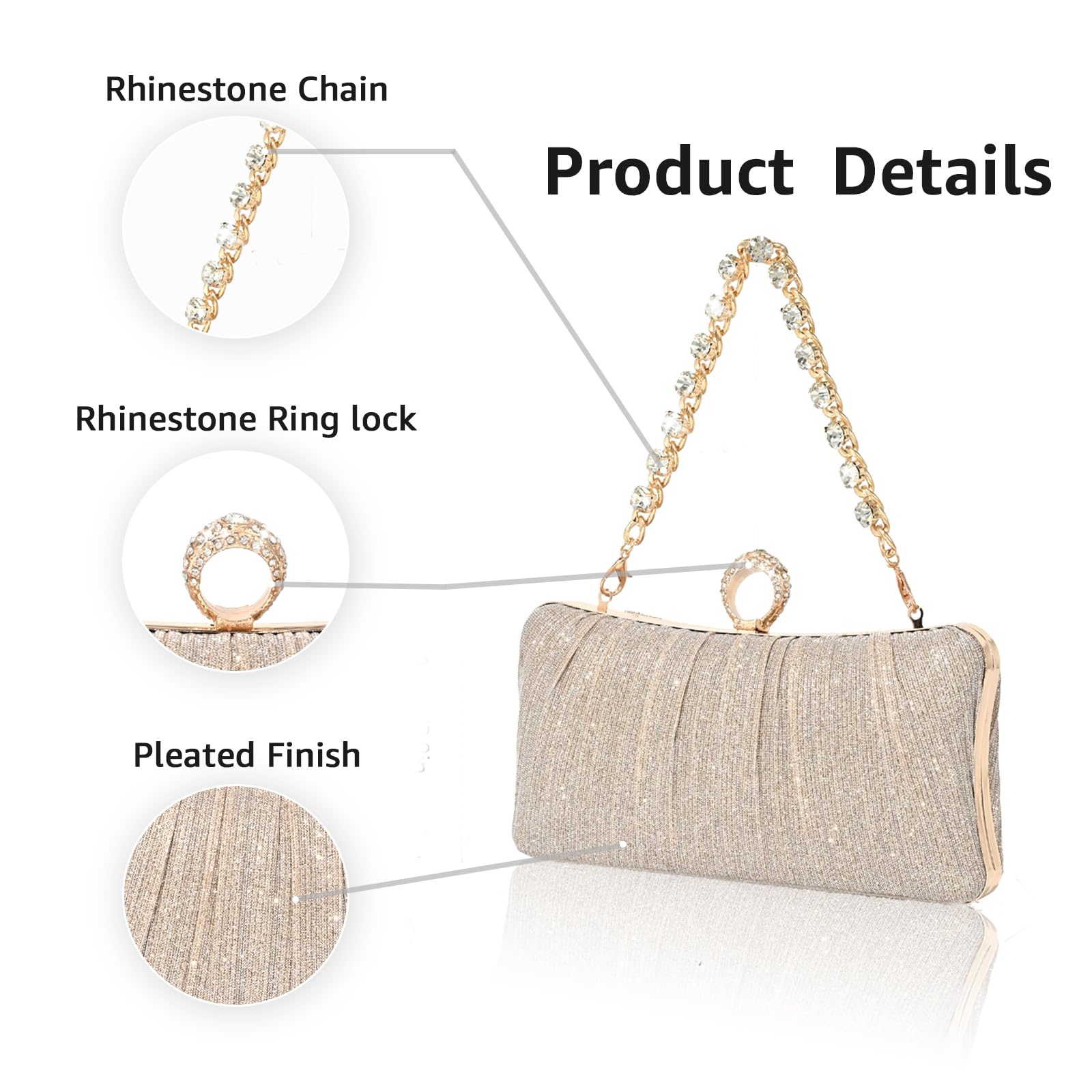 AIBAOWU Gold Evening Bag Glitter Pleated Clutch Purses for Women Wedding Clutch with Rhinestone Ring, Party Purse Prom Cocktail Bag