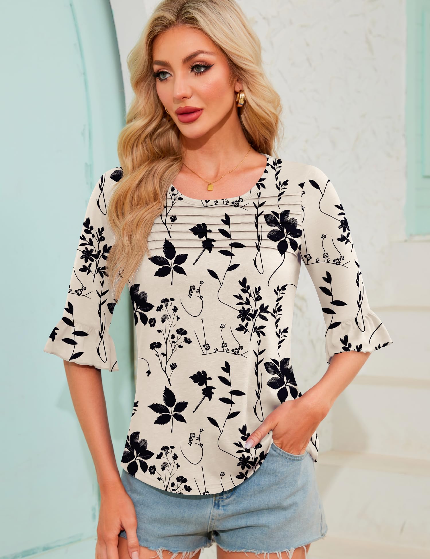 Kistore Damen Bluse 3/4 Arm Shirt für Damen mit Volantärmeln Elegant | Bluse Damen,Tunika Damen Sommer,Blusen & Tuniken für Damen
