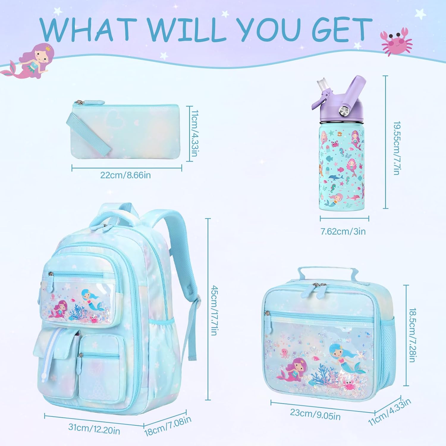 Kids School Backpack for Girls, Mermaids Bookbag Backpack with 14OZ Water Bottle, Lunch Bag Set for GirlsTeens Middle Student, Girls Backpacks for School (4pcs Water Bottle) - Image 2