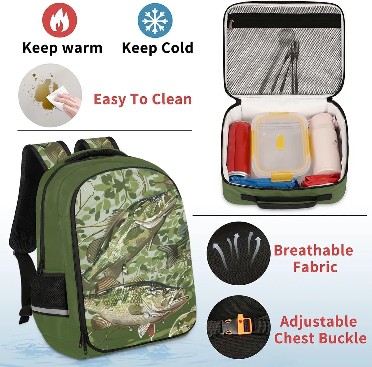 Camo Largemouth Bass Fish School Backpack Sets with Lunch Bag for Girls Boys,Lightweight Student Bookbags for Men Women