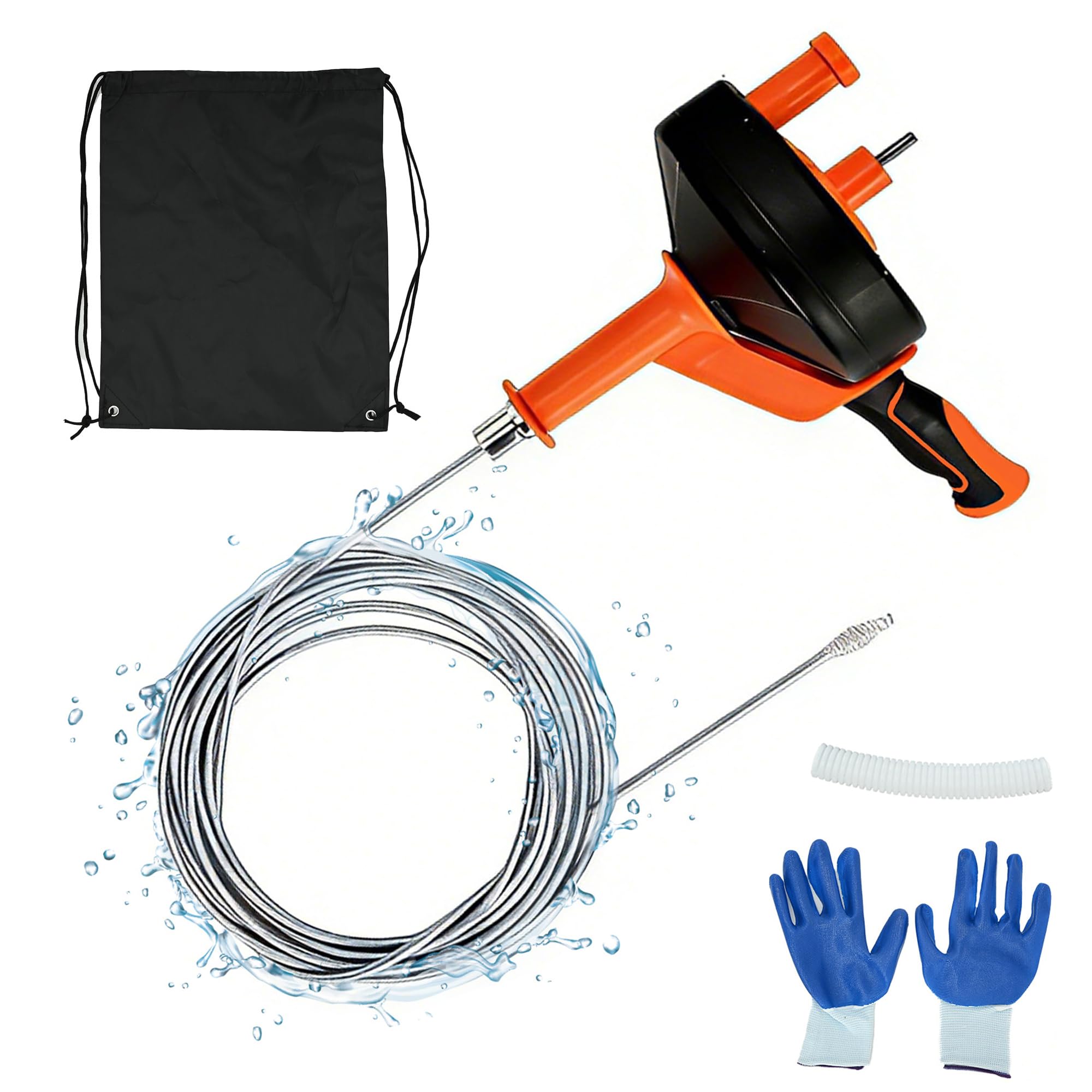 awagas Drain Snake with Drill Attachment, 10M/33FT Flexible Plumbing Snake Use Manually or Powered, Heavy Duty Hair Clog Remover Pipe Snake with Gloves and Storage Bag for Bathroom Sink Kitchen