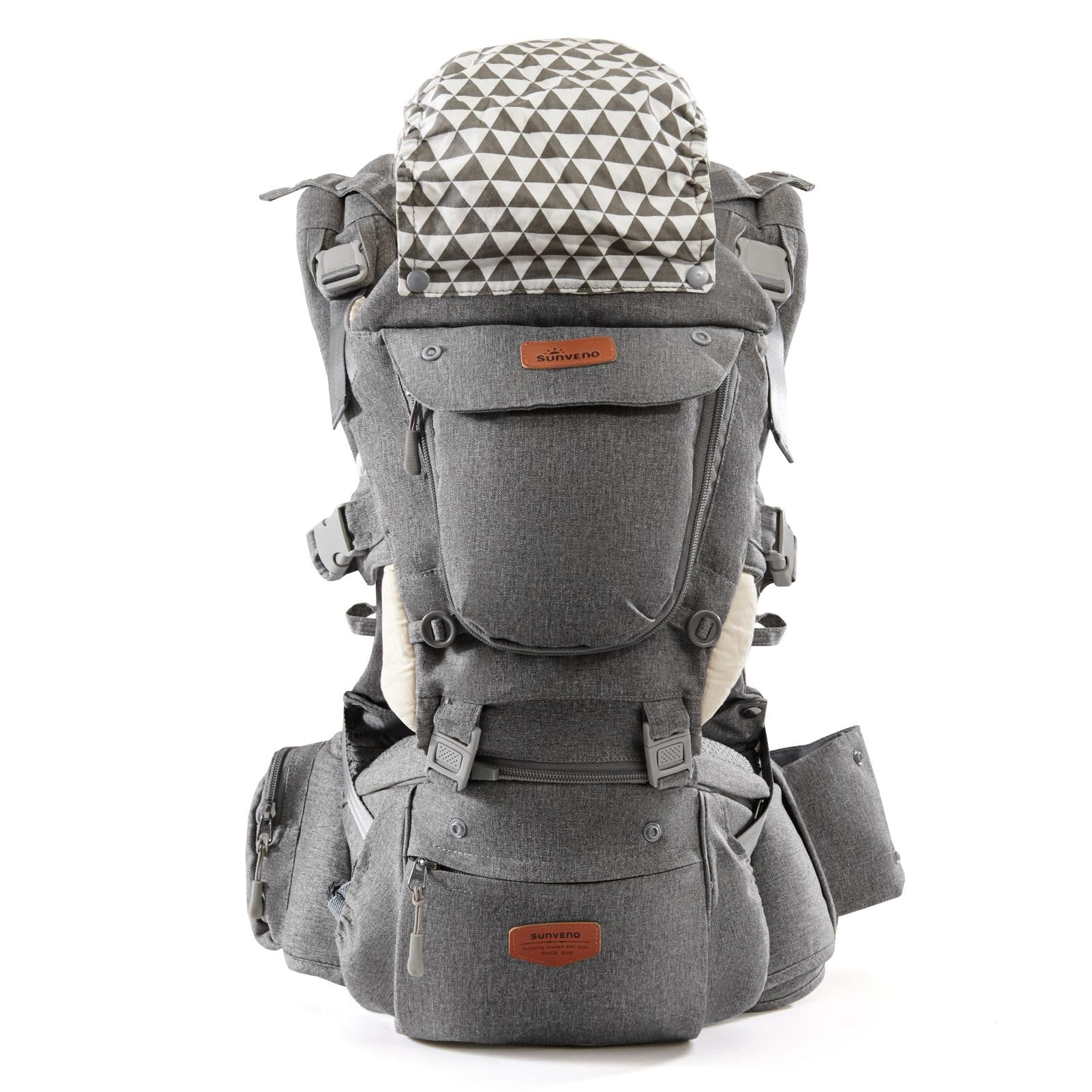 SUNVENO Baby Carrier, 6-in-1 Ergonomic Hipseat Carrier with Breathable Air Mesh, Front and Back Hip Seat Carriers for 7-48 lbs Babies, Padded Shoulder Strap for All Season, Grey