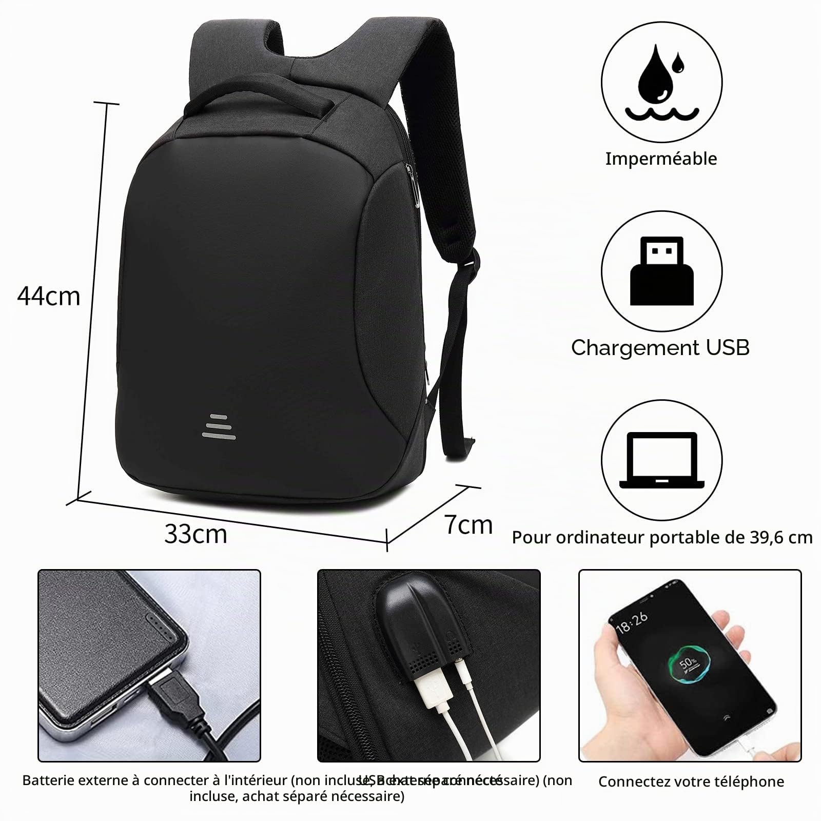 Antivol Sac à dos portable 15,6 pouces imperméable avec charge USB Sac de voyage pour affaires, étudiants, homme, femme, noir