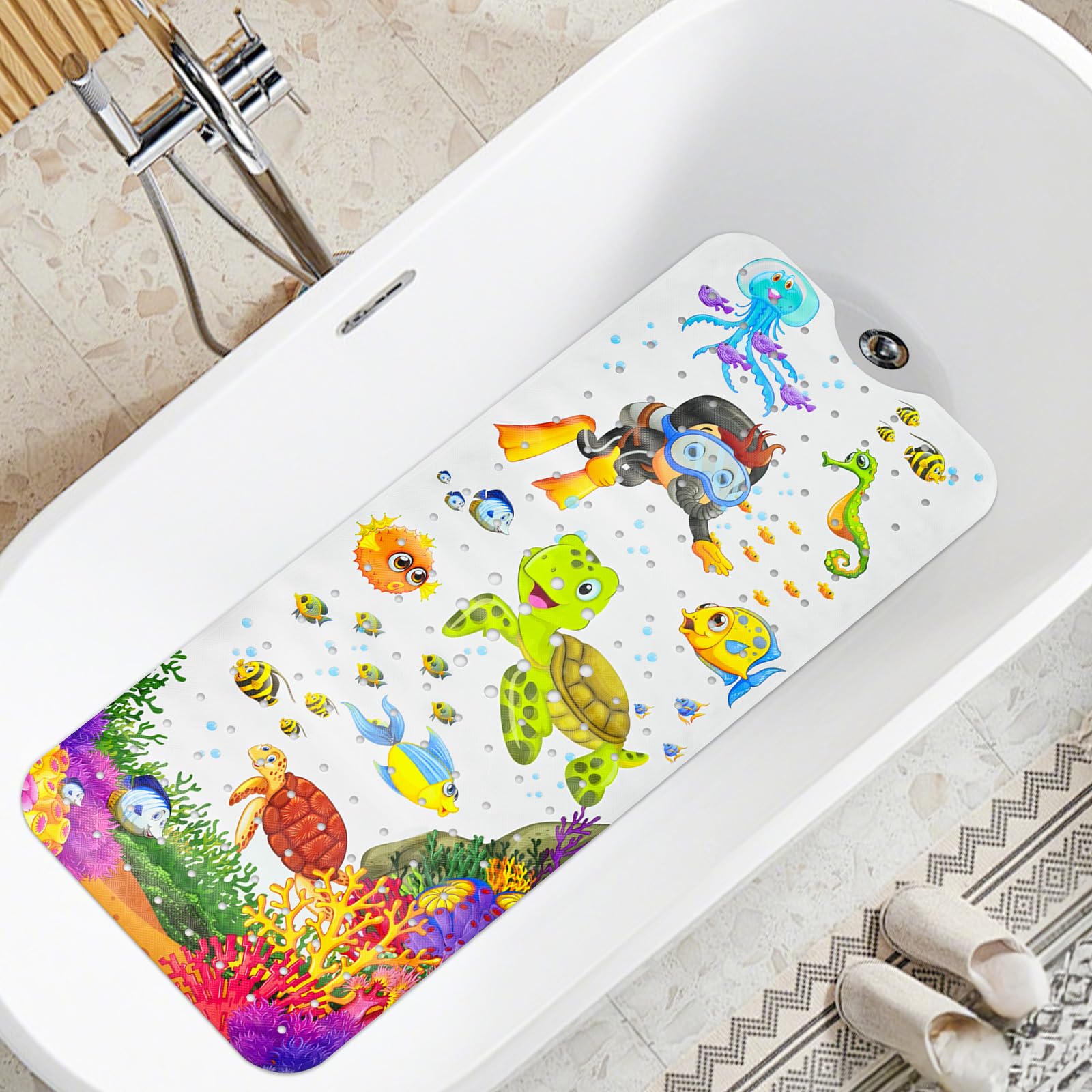 Baby Bath Mat Non Slip Anti Mould, 100 x 40cm Extra Long Bath Shower Tub Mat with Suction Cups and Drain Holes, Cartoon Patterned Kids Shower Mats, Machine Washable (Sea Turtle)