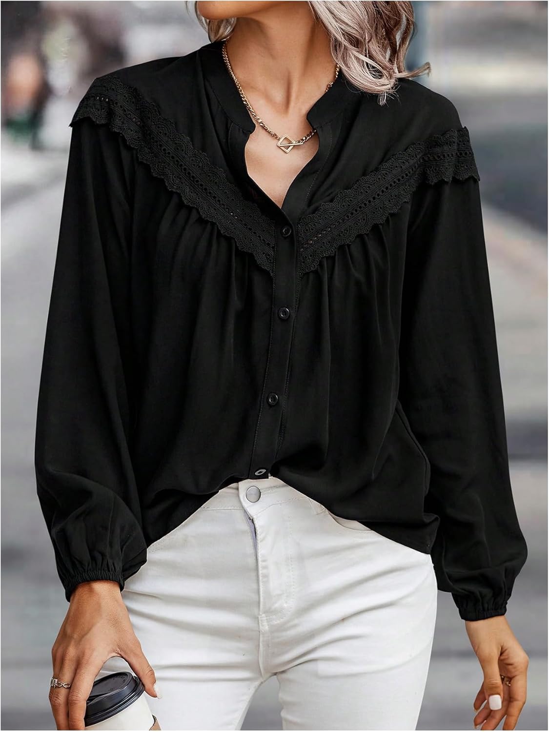 SHENHE Women's Casual Lace V Neck Tops Dressy Button Down Eyelet Long Sleeve Blouses Office Business Work Outfits 2025 - Image 5