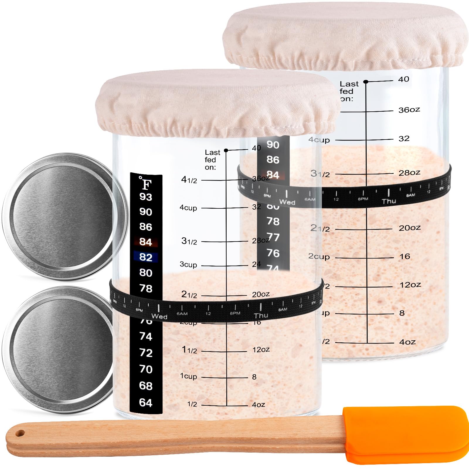 Tyniaide Sourdough Starter Jar Kit, 40 OZ 2 Pack Sourdough Starter Jar with Date Marked Feeding Band, Thermometer, Scraper, Sewn Cloth Cover and Metal Lid. Sour Dough Bread Baking Supplies