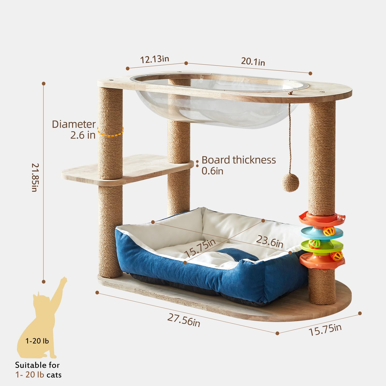 2 Tier Cat Tower With Hammock - 21.85" Wood Cat Condo, Sisal Scratching Posts & Toys