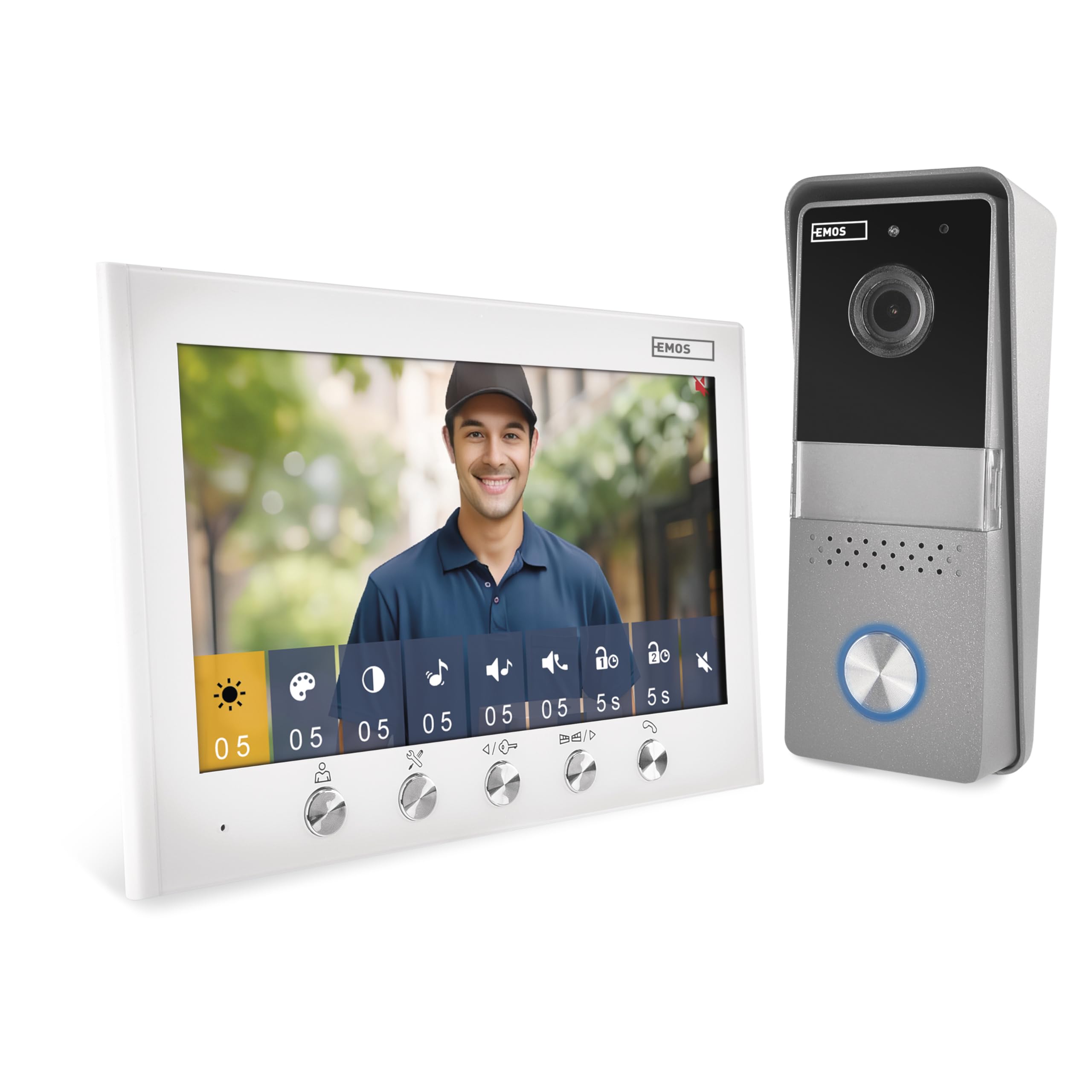 EMOS - Video-Türsprechanlage, 2-Draht-Ausführung - 720p HD Video-Türklingel - wasserdichte Kamera mit Nachtsicht, Monitor mit 7'' Farbdisplay - einfache Drahtinstallation inkl. Netzteil - weiß/silbern