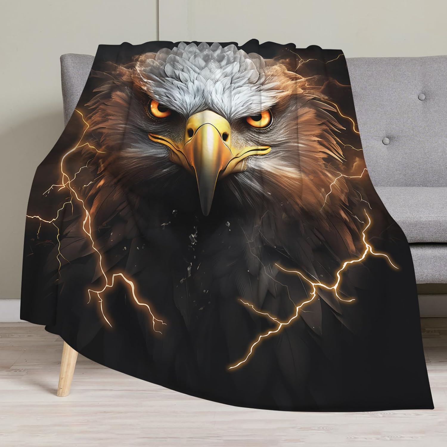 Huke Eagle Gifts Blanket, Cool Black Gold Lightning Eagle Throw Blanket, 80"X60"