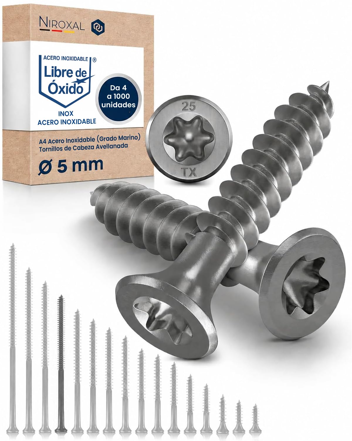 Tornillos para madera de acero inoxidable A2 con cabeza avellanada Torx TX25 – Rosca parcial – 5 x 80 mm – 10 unidades – Tornillos universales para madera